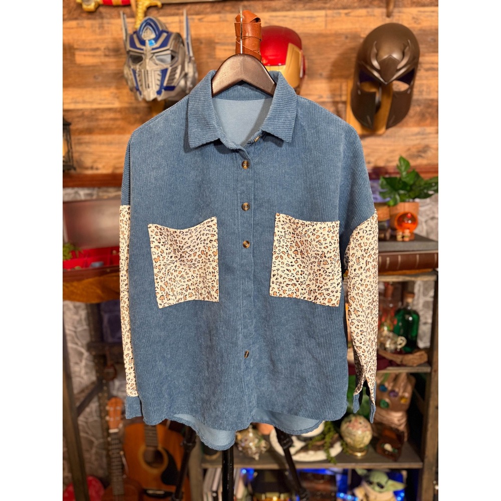 Blue Corduroy Leopard Print Contrast Button Down Shacket Oversized Top